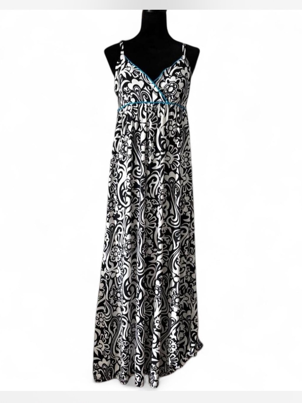 INC International Concepts Black & White Printed Maxi Dress with Teal Trim